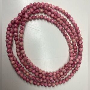 Pink Marbled Stone Bead Necklace 34" Continuous Loop Boho Layering Statement